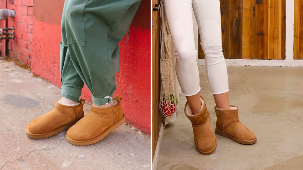 A person wears the Ugg Ultra Mini Classic, and a person wears a pair of similar boots from another brand.