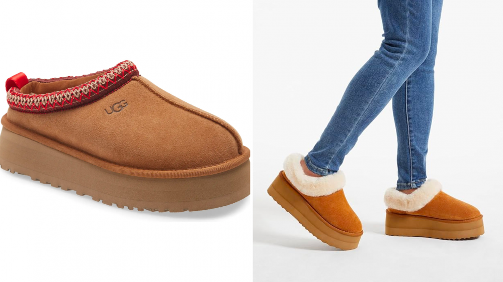 A Tazz Ugg Slipper, and a person wearing a fuzzy pair of platform slippers.