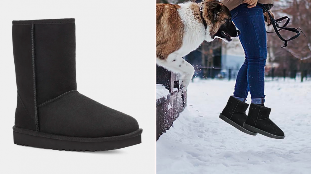 taller orginal black uggs on the left followed by knock offs with a shorter ankle on the right - modelled by a woman jumping into the snow with her dog. 