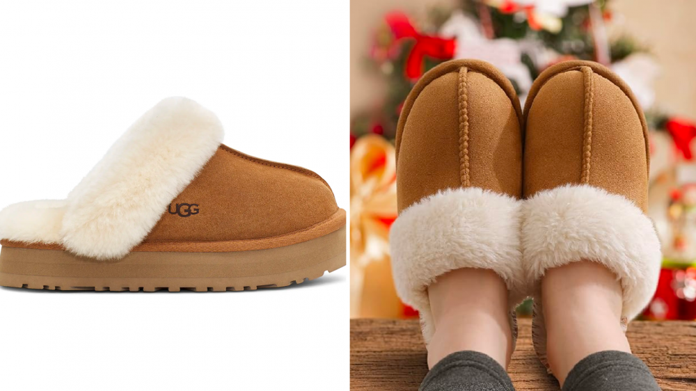 A pair of Ugg Disquette slippers, and a pair of slippers worn by a person in front of a Christmas tree.